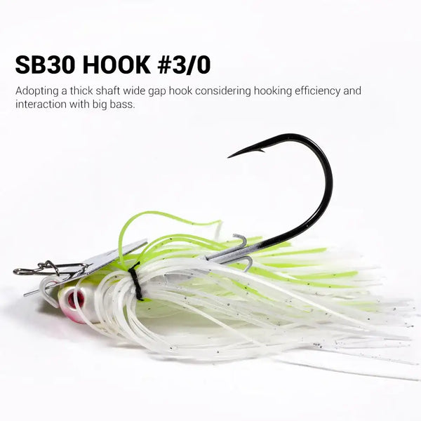 Bladed chatterbait jig with white skirt, neon chartreuse strands, black hook