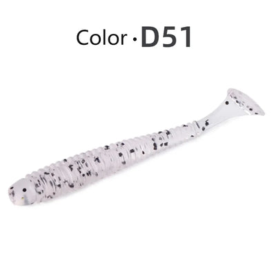 Soft paddle-tail swimbait lure, white with black speckles and ribbed body (Color D51).