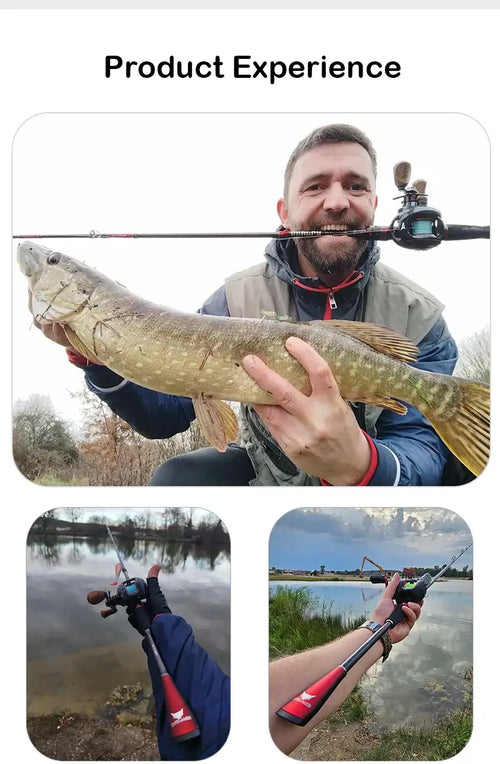 Angler holding a red-and-black fishing rod while reeling in a fish