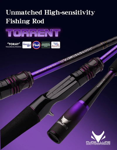 Purple fishing rod with black grips and reel seat, angled front view