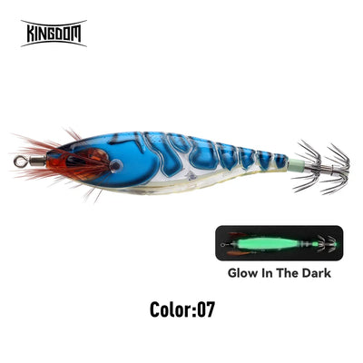 Artificial squid jig in blue color with green glow accents and hook arms