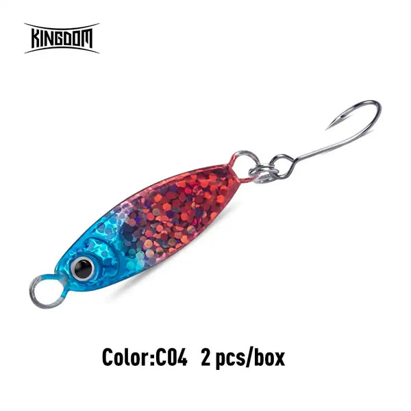 Micro metal jig fishing lure, blue and red glitter finish with metal split ring loop