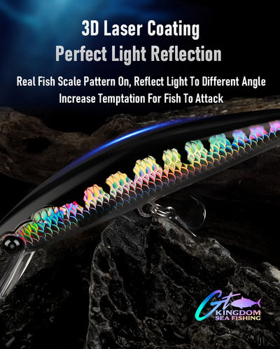 Saltwater sinking minnow lure, dark body with rainbow scale pattern and treble hooks