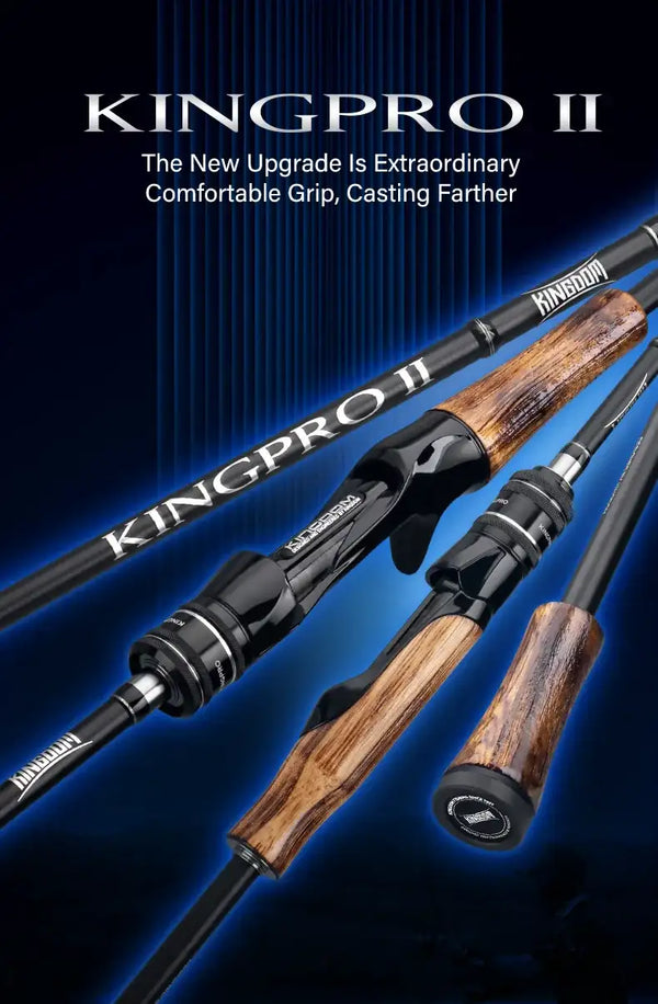 Complete fishing lure rod with natural wood grips, black carbon body, and reel seats