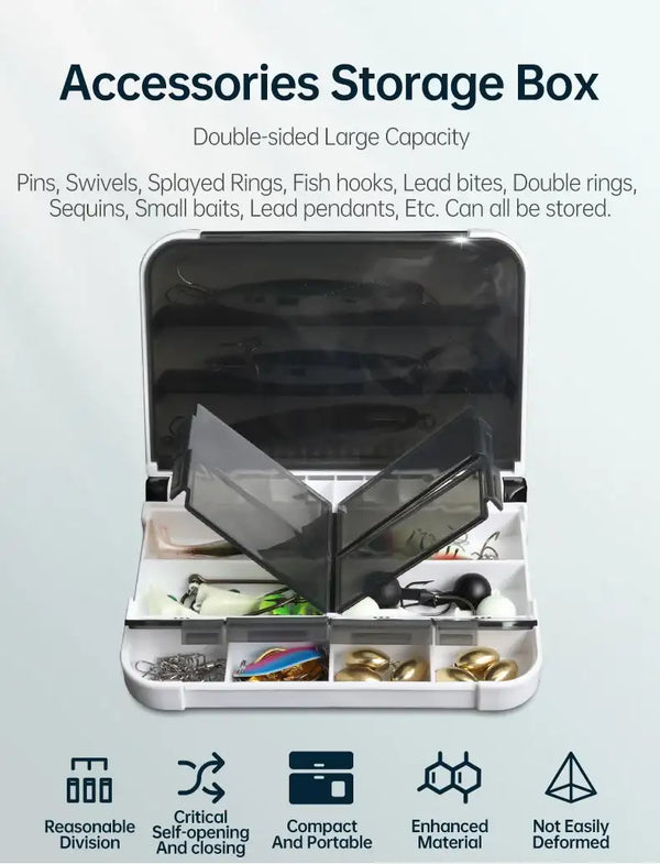 Accessories storage box with open divided compartments and dark-tinted clear cover