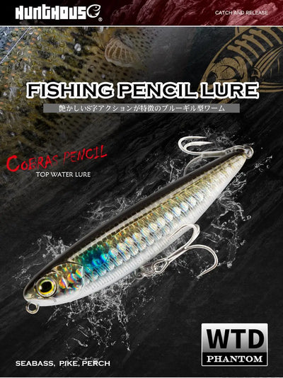 Silver-blue topwater pencil lure with holographic scales and treble hooks