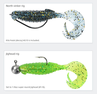 Soft fishing lure with dark blue speckled body and white flapper tail on jig hook