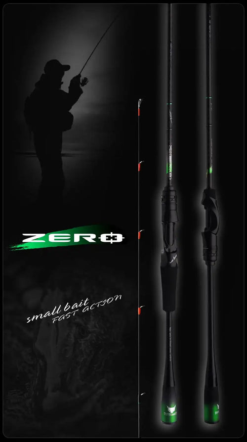 Ultralight fishing rods in display showing black blanks with green “Zero” markings