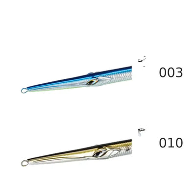 Sinking trolling pencil lure set: blue and black needle bait with treble hooks