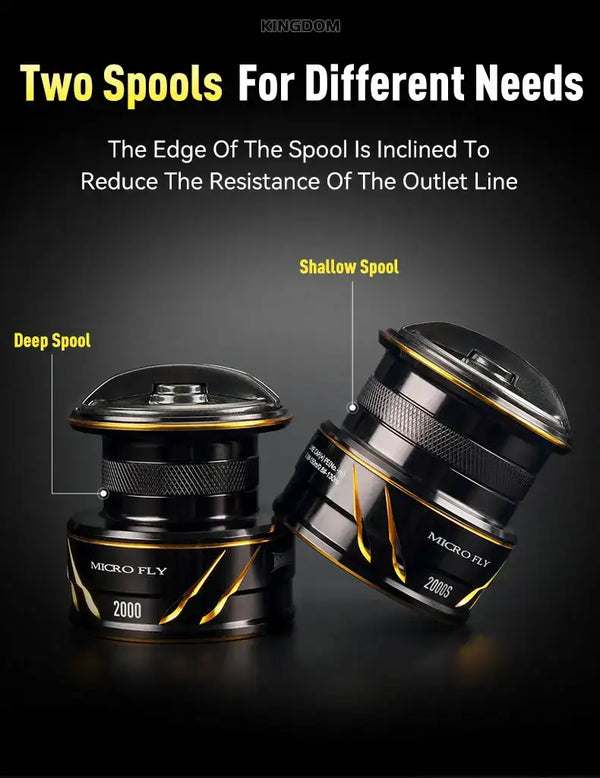 Spinning reel with two black and gold spools for different fishing line needs