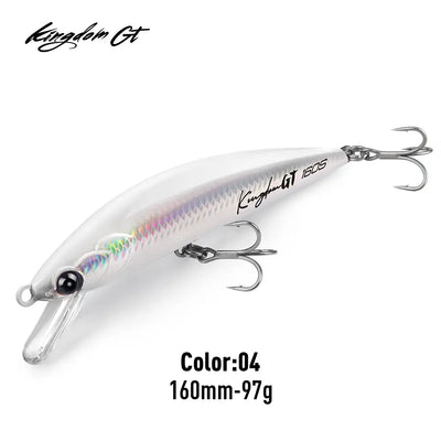 Saltwater sinking minnow lure, 160mm 97g, white body with holographic scale pattern, 2 trebles