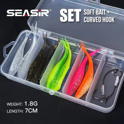 SEASIR 7cm Soft Bait Lure Set – Thread Body | Separate Vibrating Tail | Reflective Sequins | Double Groove Rig | 8 Colours