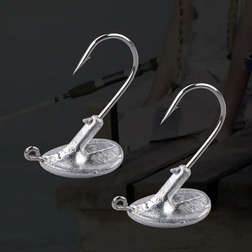 Fishing jig head hooks, silver metal, two hooks with barbed points