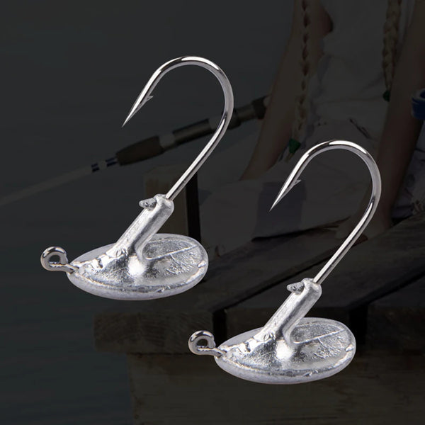 Fishing jig head hooks, silver metal, two hooks with barbed points