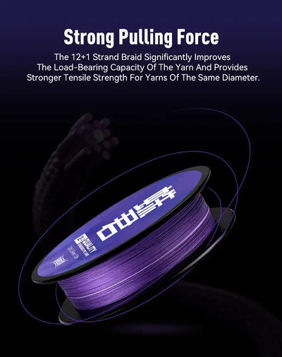Braided fishing line spool with purple line and dark spool base