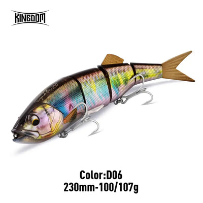 Multi-jointed hard fishing lure, iridescent green and gold scales with orange tail and silver trebles