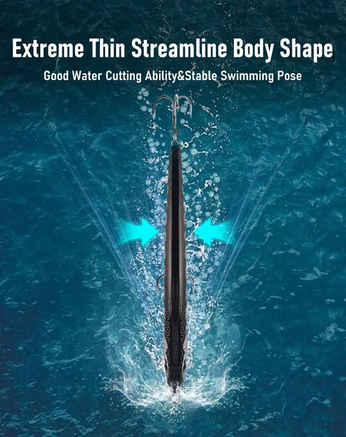 Sinking pencil lure vertical view with long thin body and dual treble hooks