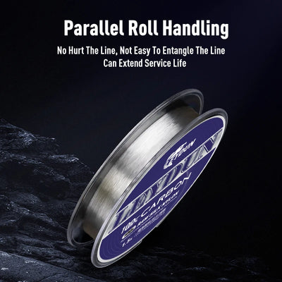Carbon line spool with clear reel and blue label for fluorocarbon fishing leader