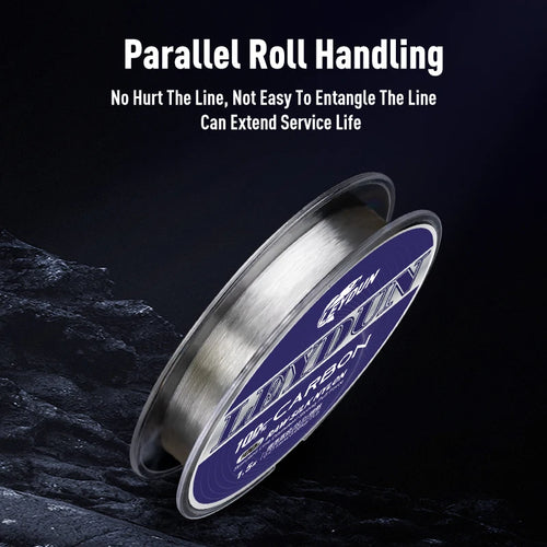 Carbon line spool with clear reel and blue label for fluorocarbon fishing leader