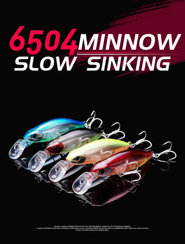 Multiple slow-sinking minnow lures in stacked colors with clear lips and treble hooks