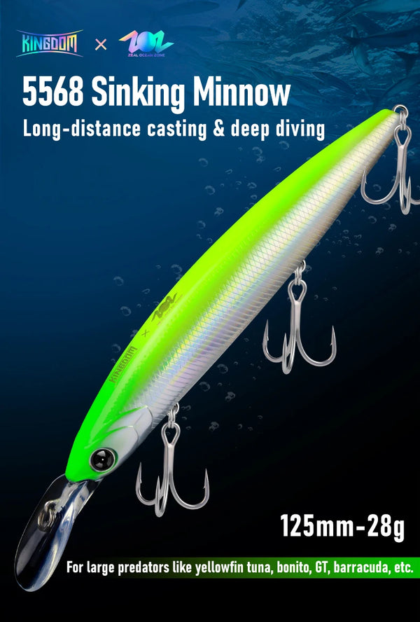 Green and silver sinking minnow lure with three treble hooks and deep-diving lip