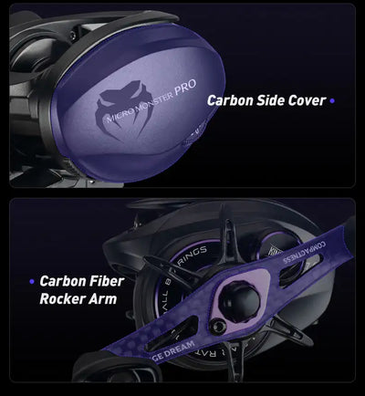 Black baitcasting reel with carbon side cover and purple rocker arm