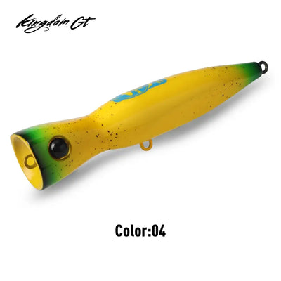 Yellow and green speckled popper fishing lure with black eye and side hook
