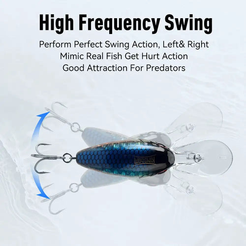 Floating crankbait lure, blue scale body with clear lip and twin treble hooks