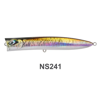 Slim floating wobbler lure, metallic purple and teal with yellow-green accents and treble hooks