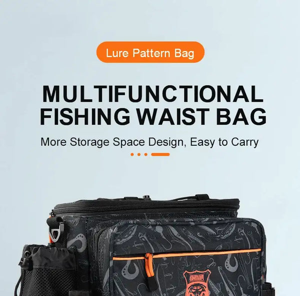 Black multifunction fishing waist bag with top handle and zippered front organizer