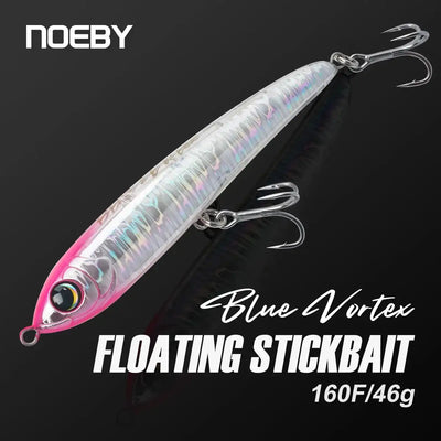 Iridescent blue floating stickbait with pink tail and two treble hooks, 160mm