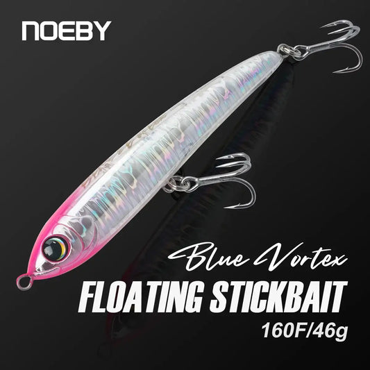 Iridescent blue floating stickbait with pink tail and two treble hooks, 160mm