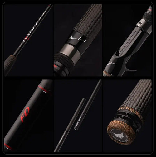 Spinning fishing rod closeups of reel seat, textured grip, and red accent
