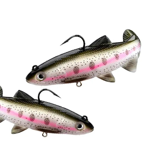 Weighted soft swimbait lure, speckled trout color with 3D eyes, T-tail, hooks