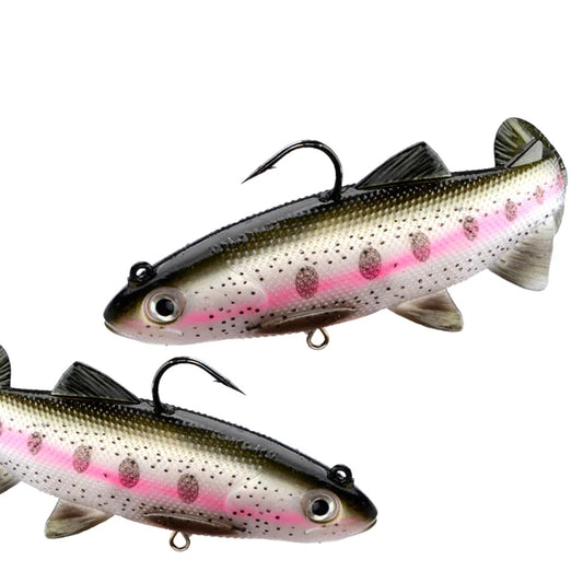 Weighted soft swimbait lure, speckled trout color with 3D eyes, T-tail, hooks