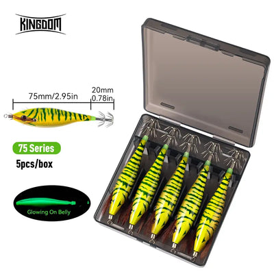 5-piece glowing squid jig lures, yellow tiger pattern in clear tackle box