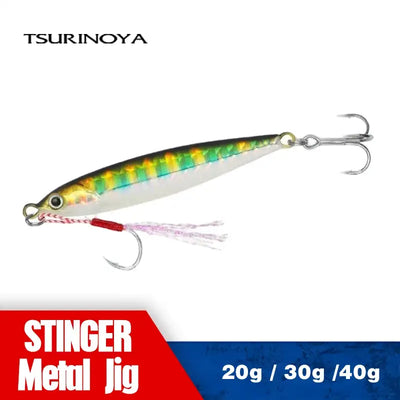 Metal jig fishing lure with silver-green striped body, red accent tail, and two treble hooks