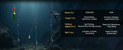 Inline non-offset circle hook surf fishing rigs with swivels and snaps, multiple hooks