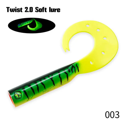 Yellow-green soft fishing lure trailer with orange fin and green stripe detail