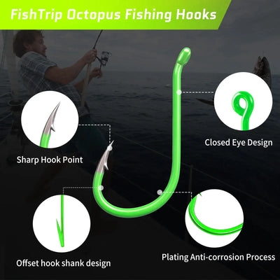 Fluorescent green octopus fishing hook with closed eye and offset shank