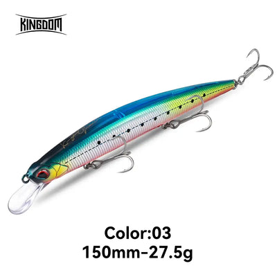 Blue-green floating minnow lure, 150mm 27.5g, hard bait with treble hooks