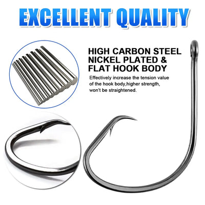 Inline circle hooks, black flat-body with sharp curved point; inset of barbs