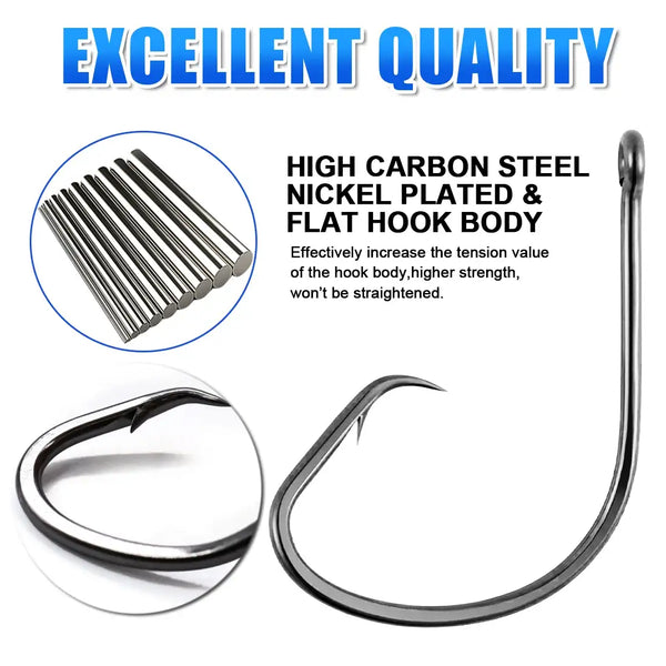 Inline circle hooks, black flat-body with sharp curved point; inset of barbs