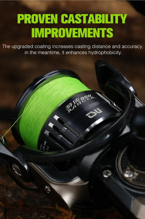 Green braided fishing line on black fishing reel spool