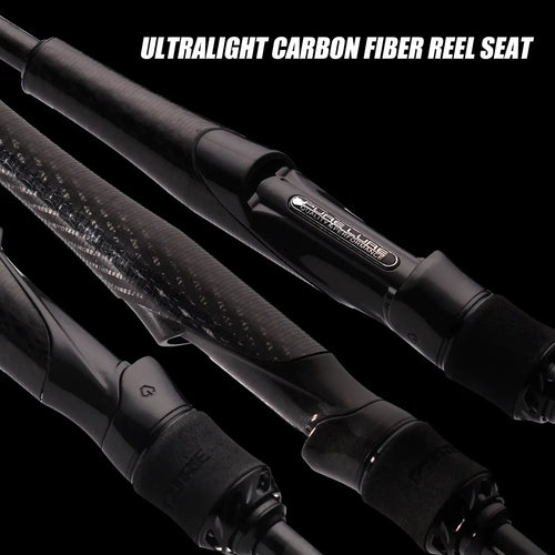 Black ultralight carbon fiber reel seat and rod blank with textured grip sections