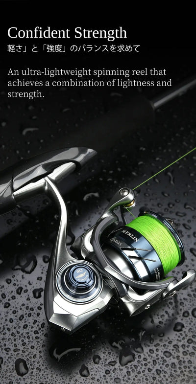 Silver spinning reel with green line spool on wet dark surface