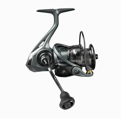 Spinning fishing reel with gray frame and line guide, shown from a side angle