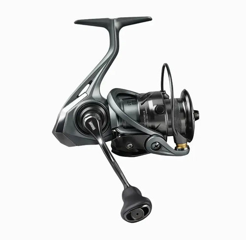 Spinning fishing reel with gray frame and line guide, shown from a side angle