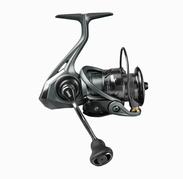 Spinning fishing reel with gray frame and line guide, shown from a side angle