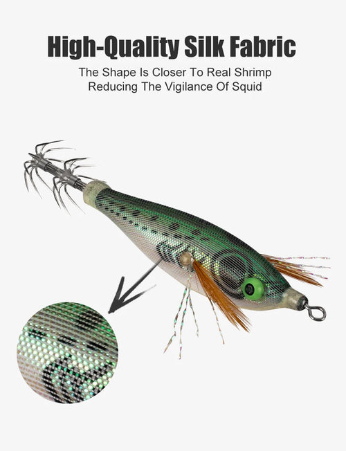 Single shrimp-style squid jig with green-and-olive body and barbed hook cluster
